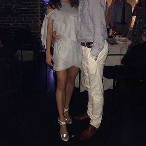 BCBGMaxAzria One-Shoulder Light Gray Tiered Mini Dress